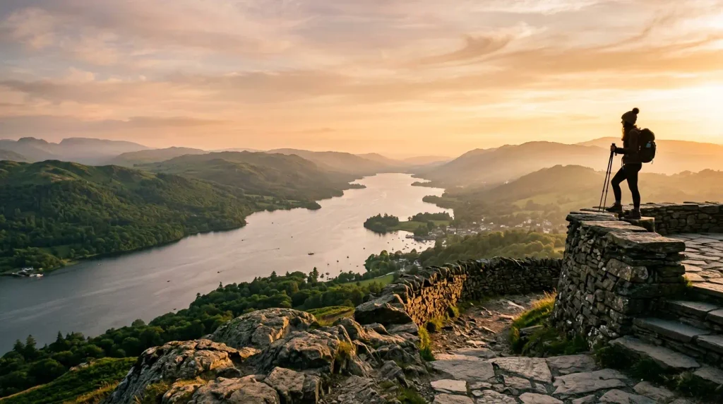 Panoramic view of Lake Windermere from the Orrest Head summit at sunset