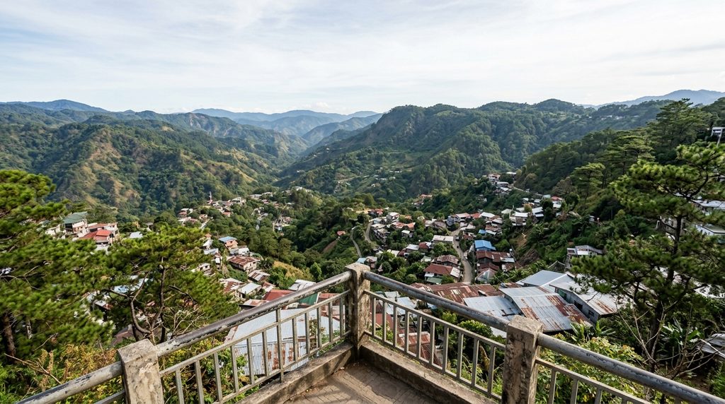 Valley view from Mines View Park railing overlooking green hills in Baguio Philippines