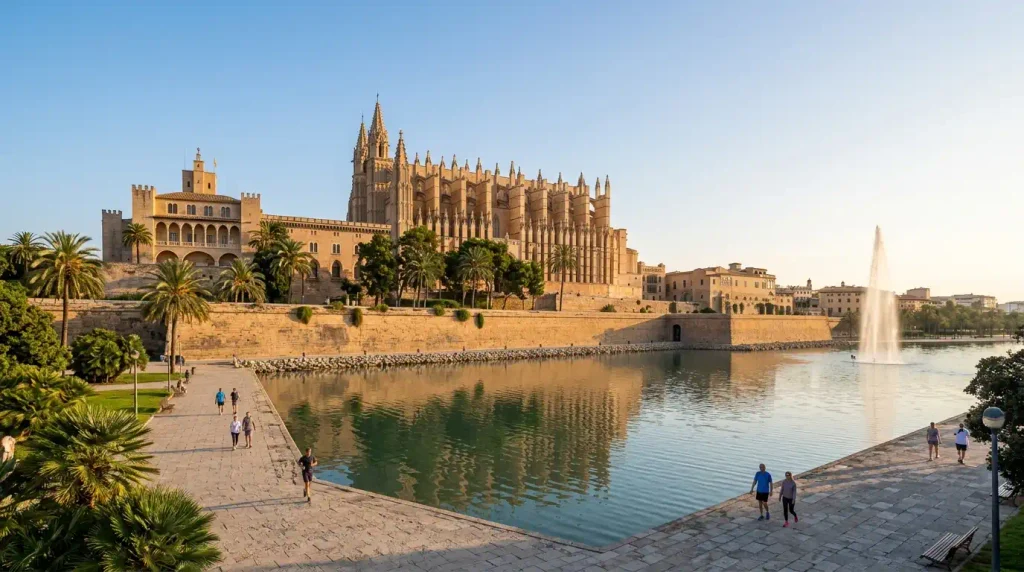 Palma Cathedral La Seu viewed across the seafront park.