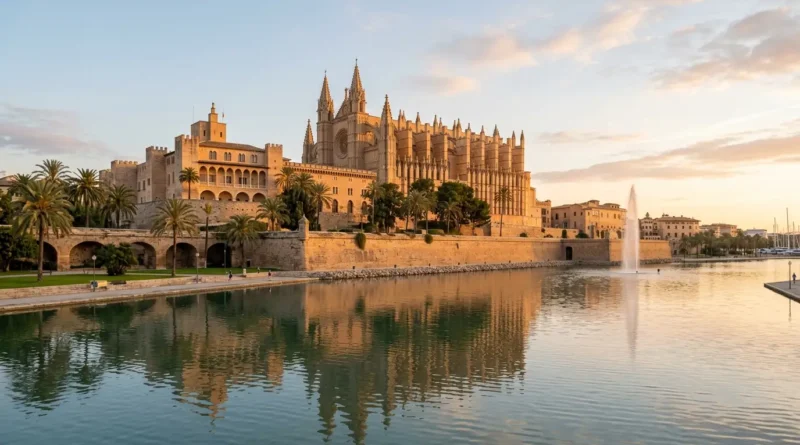 La Seu Cathedral rising over Parc de la Mar in Palma at morning light