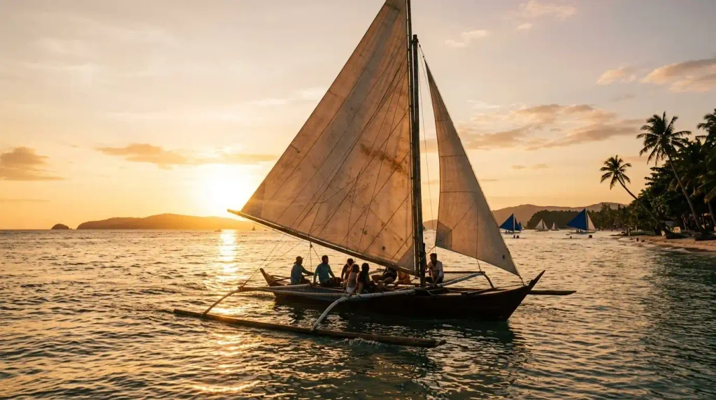 Paraw sailboat on the water near Boracay at sunset