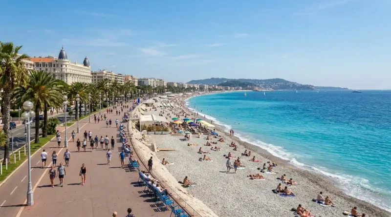 Pebble beach along Promenade des Anglais in Nice with clear Mediterranean water