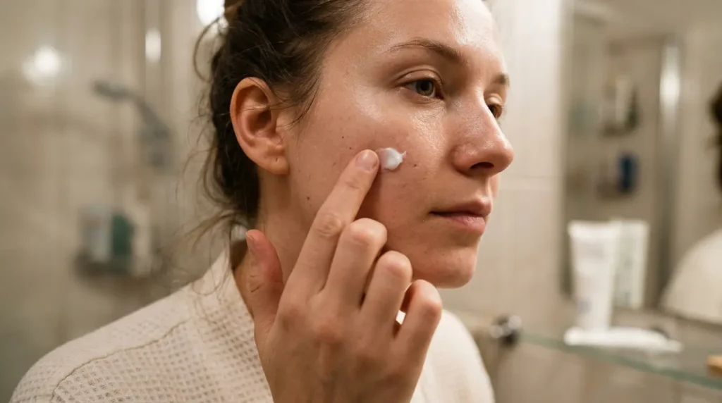 Person applying tretinoin cream to face in bathroom
