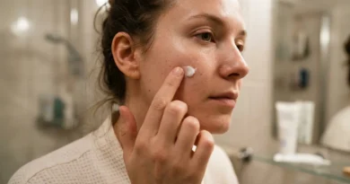 Person applying tretinoin cream to face in bathroom