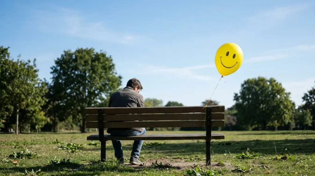 Person reflecting beside a smiley balloon illustrating toxic positivity pressure