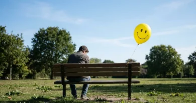 Person reflecting beside a smiley balloon illustrating toxic positivity pressure