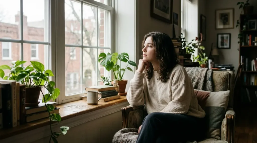 Person reflecting on unrequited love by a window