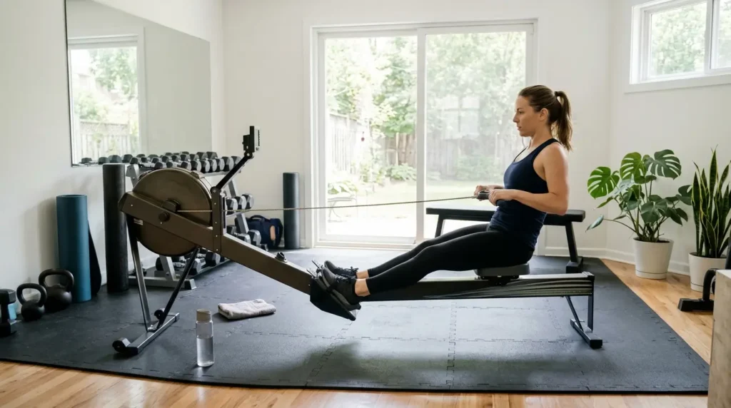 Person using rowing machine targeting leg and back muscles