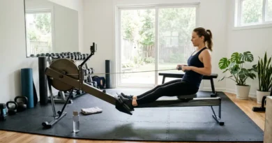 Person using rowing machine targeting leg and back muscles