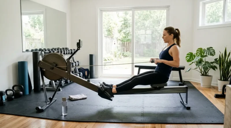 Person using rowing machine targeting leg and back muscles