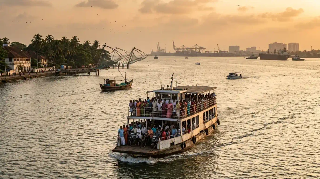 Ferry boats in the Kochi harbor near Fort Kochi.