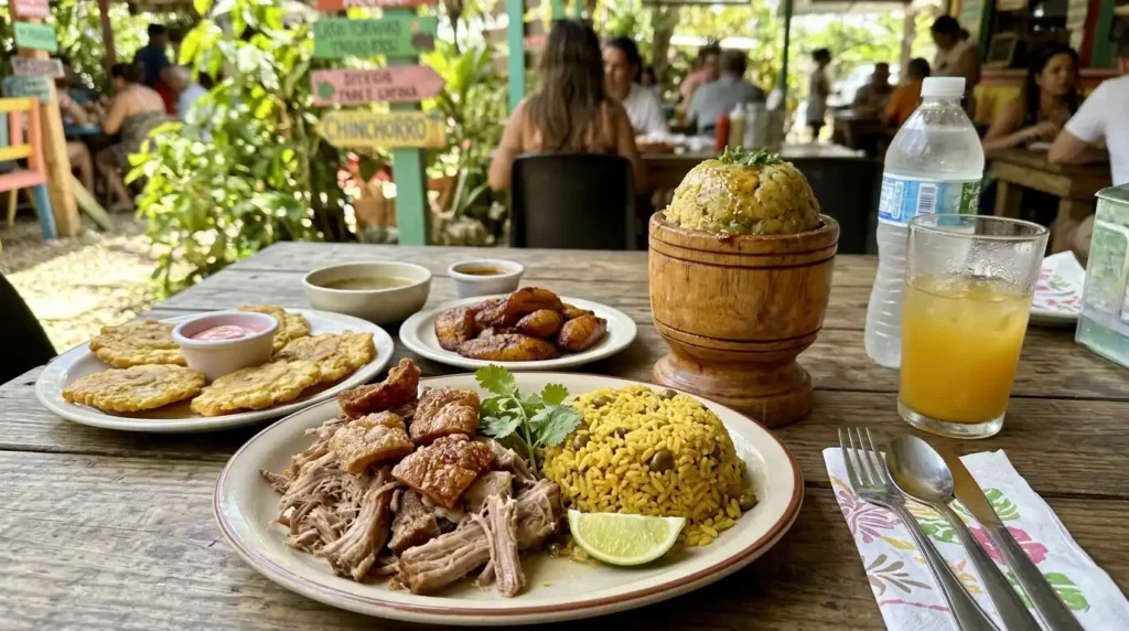 Puerto Rican meal with arroz con gandules and pernil