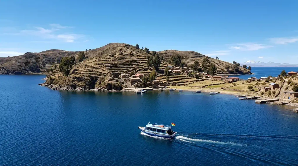 Boat crossing to Isla del Sol on Lake Titicaca