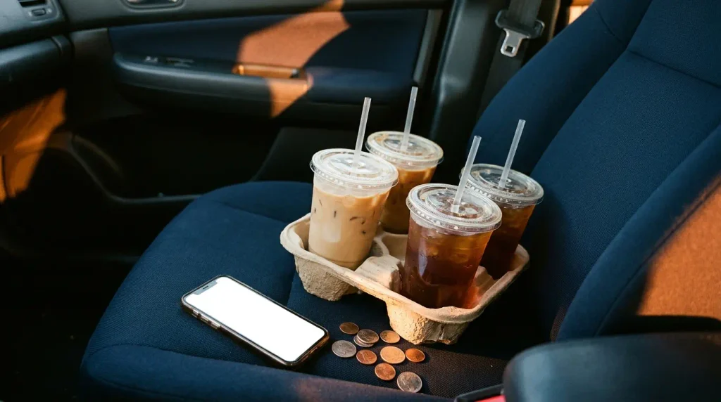 Four-cup tray of iced drinks on a car seat beside a phone and coins