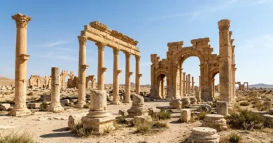 Roman ruins at Carthage in Tunisia with columns and arches
