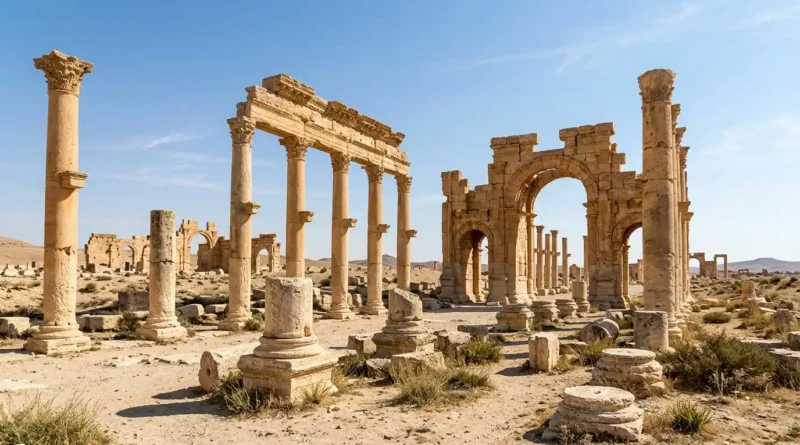 Roman ruins at Carthage in Tunisia with columns and arches