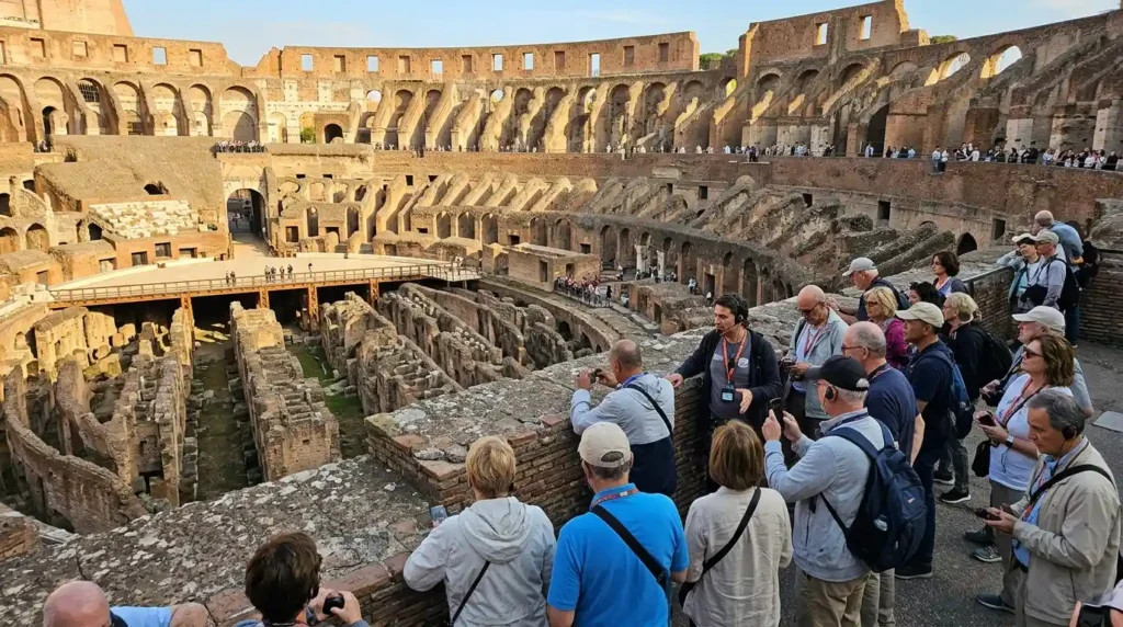 Visitors on a guided Rome Coliseum tour looking at the arena floor from the upper levels