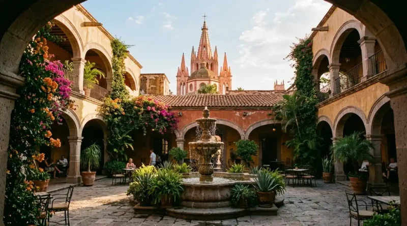 Rooftop pool at luxury hotel in San Miguel de Allende with Parroquia view