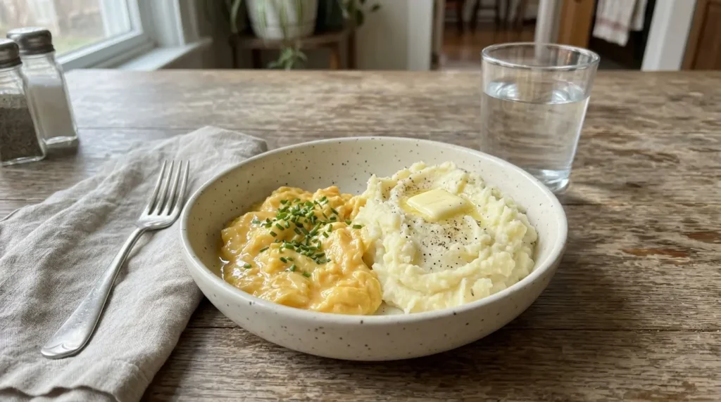 Soft scrambled eggs and mashed potatoes suitable after tooth extraction