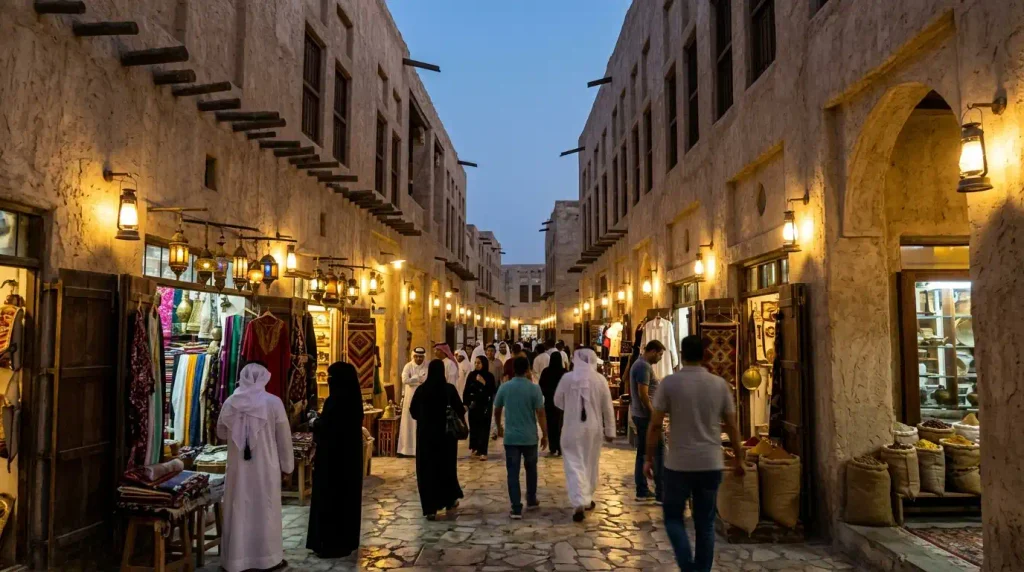 Souq Waqif lanes in Doha at dusk with lantern light