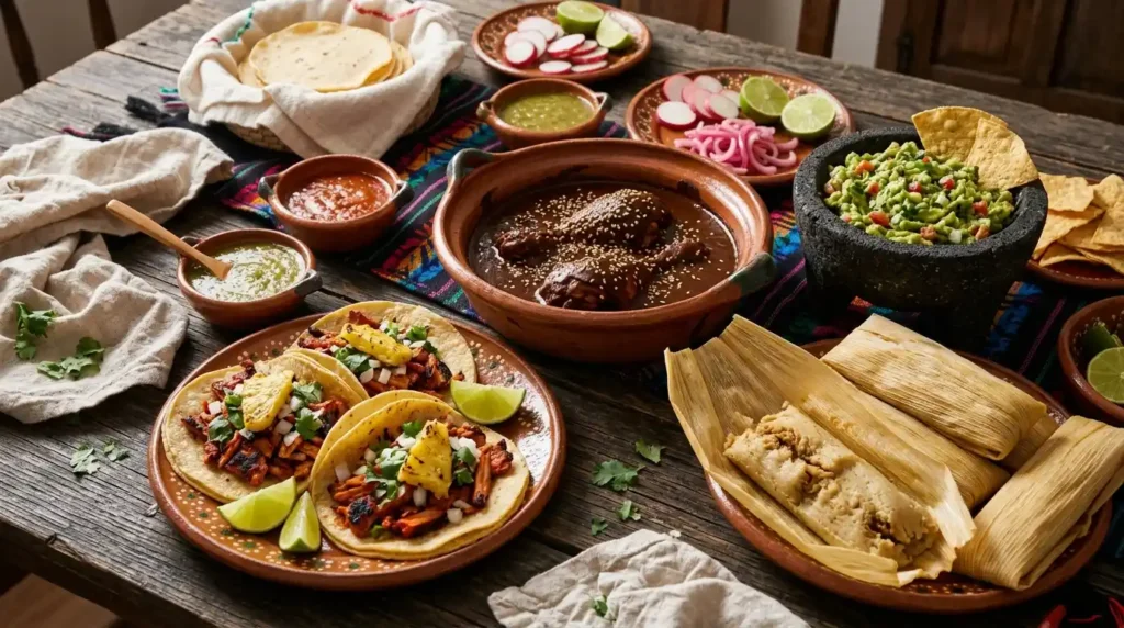 Spread of traditional Mexican tacos, mole and sides on a table