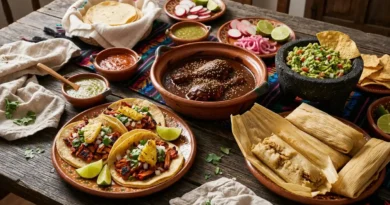 Spread of traditional Mexican tacos, mole and sides on a table