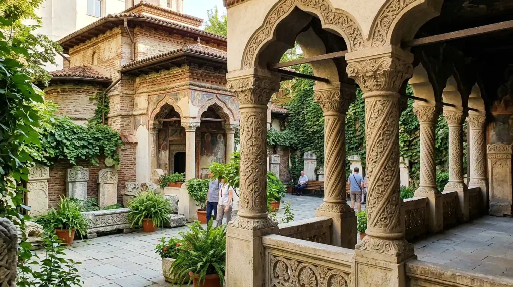 Stavropoleos Monastery courtyard in Bucharest Old Town