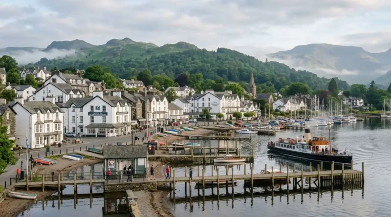 Steamer cruise leaving Bowness Pier on Lake Windermere with Lake District fells behind, one of the top things to do in Windermere
