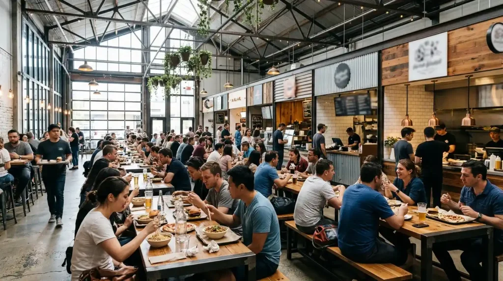 Sterling Food Hall interior with diners and stalls