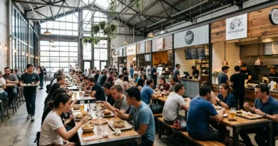 Sterling Food Hall interior with diners and stalls