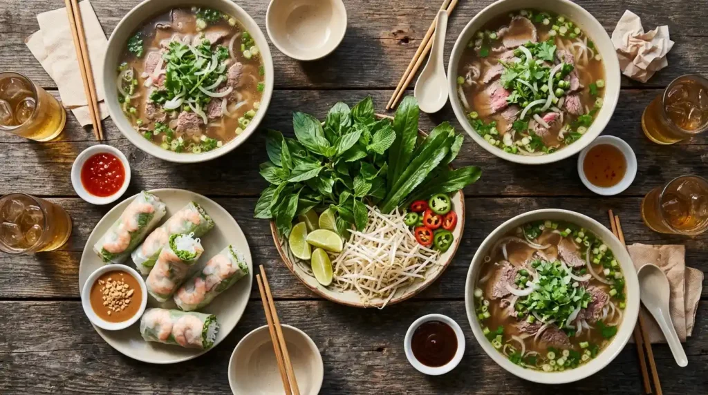 Table of traditional Vietnamese food including phở and fresh herbs
