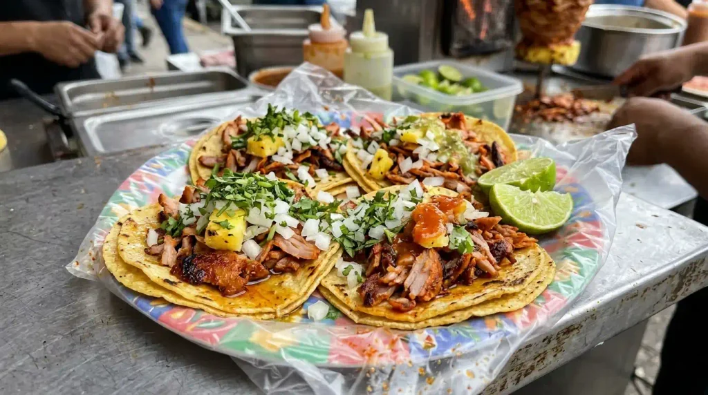 Tacos al pastor with pineapple on a Mexican street stall