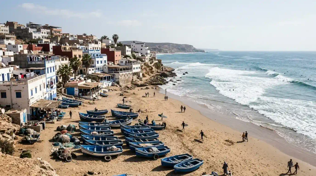 Taghazout beach and boats on the Atlantic coast.