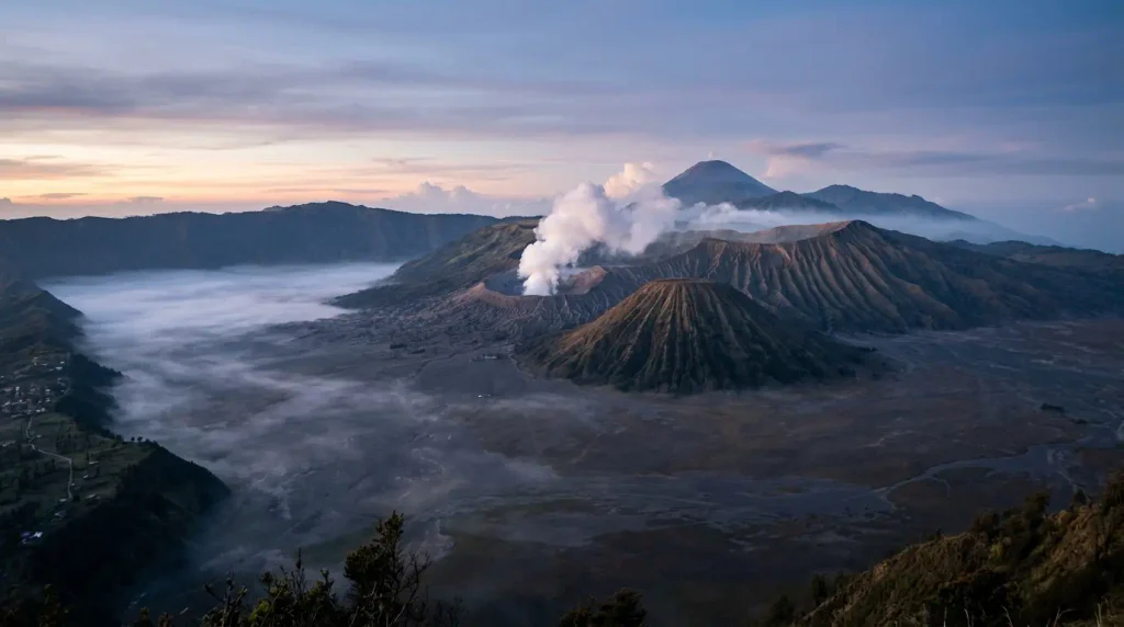 Tengger Caldera and Mount Bromo sand sea at sunrise