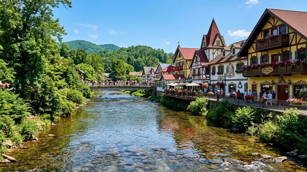 Alpine village buildings along the river in Helen