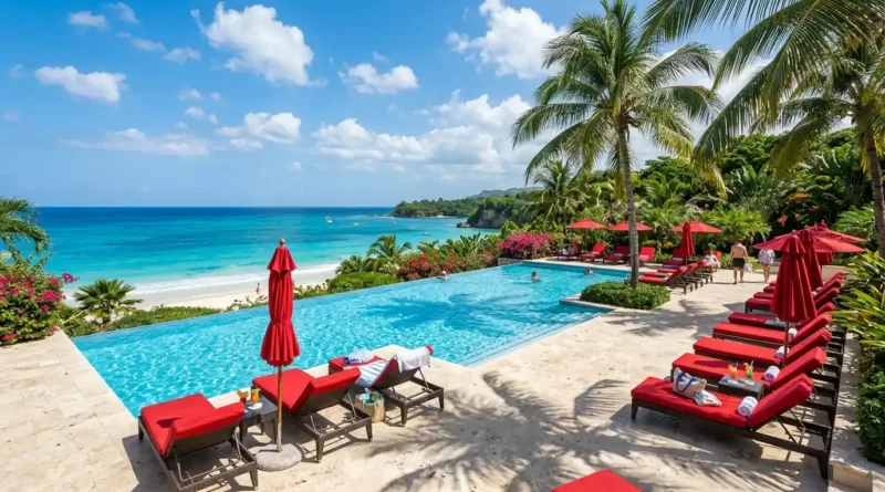 Top Jamaica resort pool and beach view with palm trees