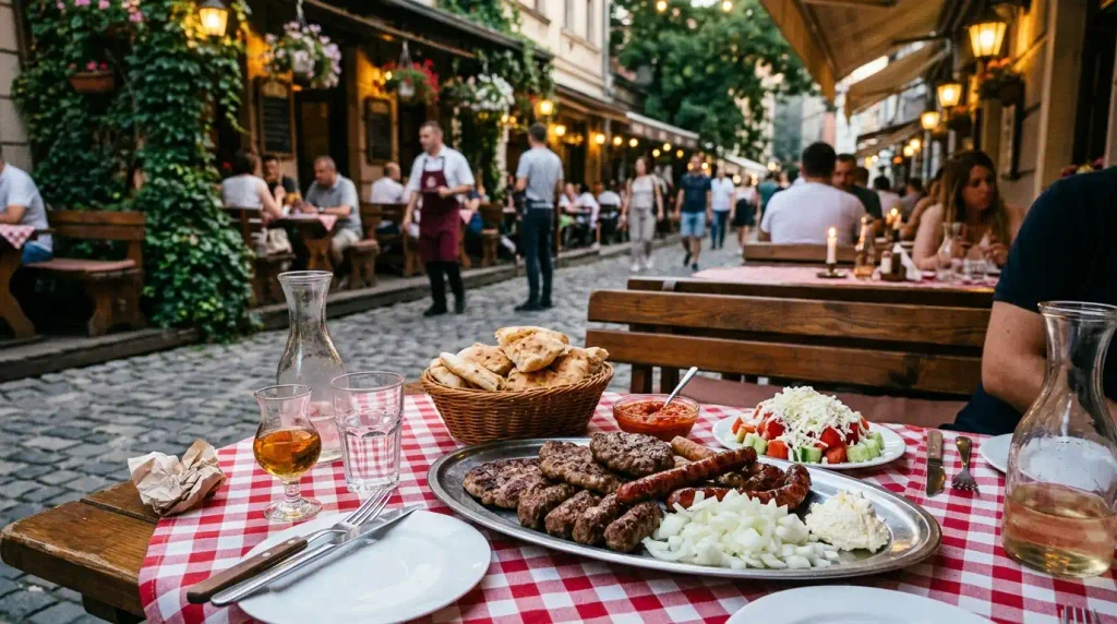 Traditional meal and rakija at a Skadarlija restaurant in Belgrade