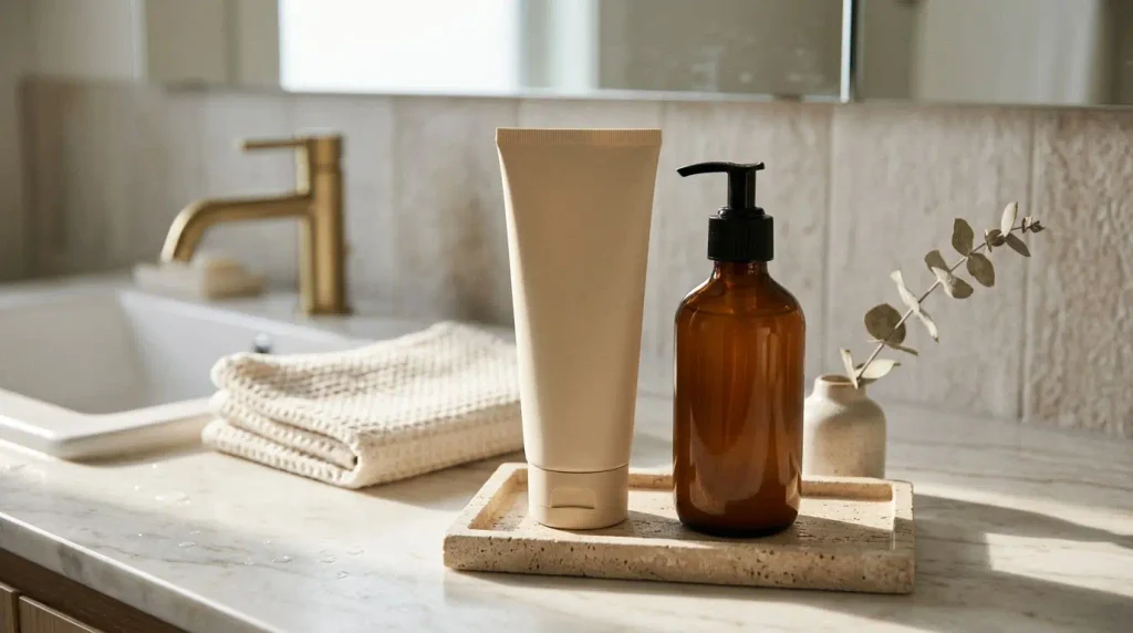 Tretinoin tube and moisturizer on bathroom counter