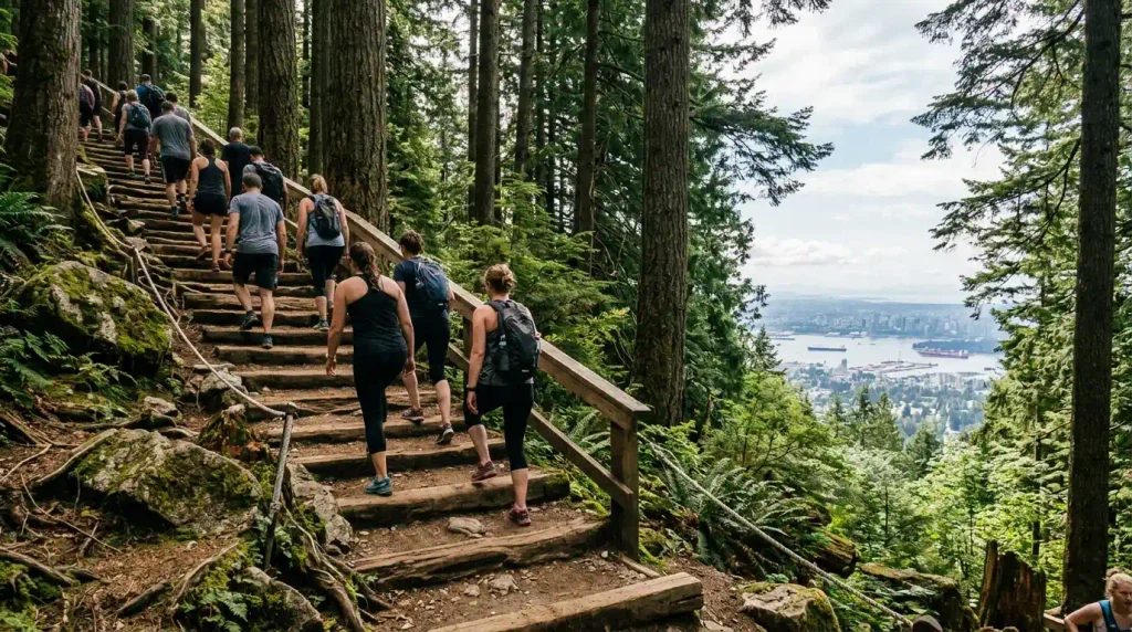 Grouse Grind steep climb on Grouse Mountain