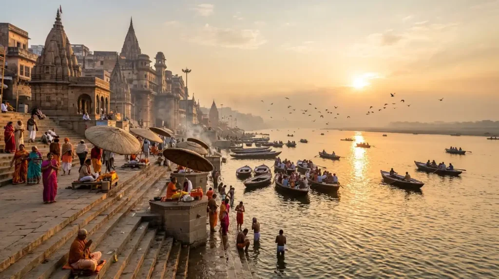 Varanasi ghats at sunrise with boats on the Ganges river