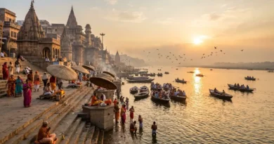 Varanasi ghats at sunrise with boats on the Ganges river