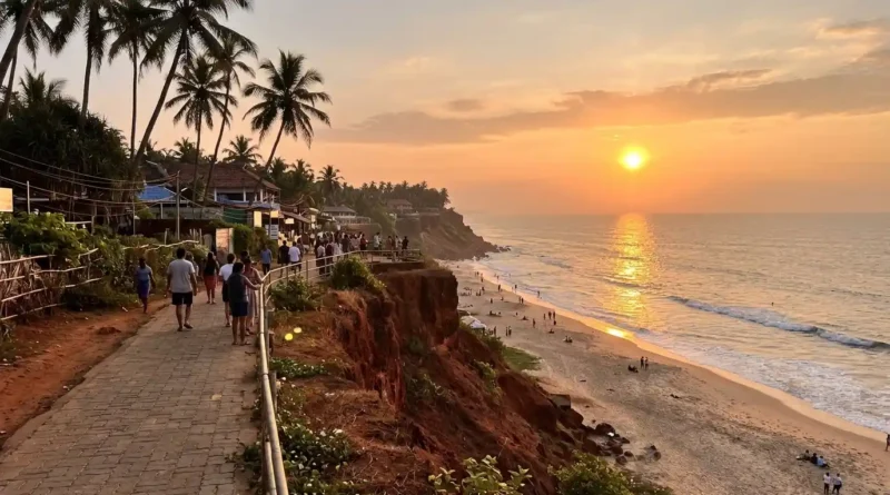Varkala cliff path above Papanasam Beach at sunset with the Arabian Sea below