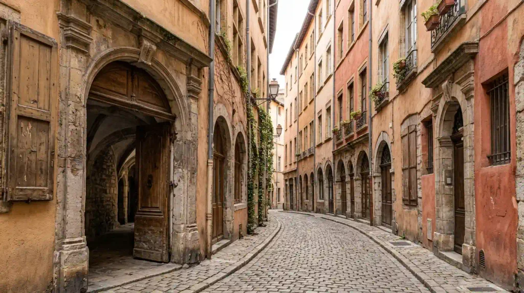 Vieux Lyon Renaissance street and traboule passage in Lyon