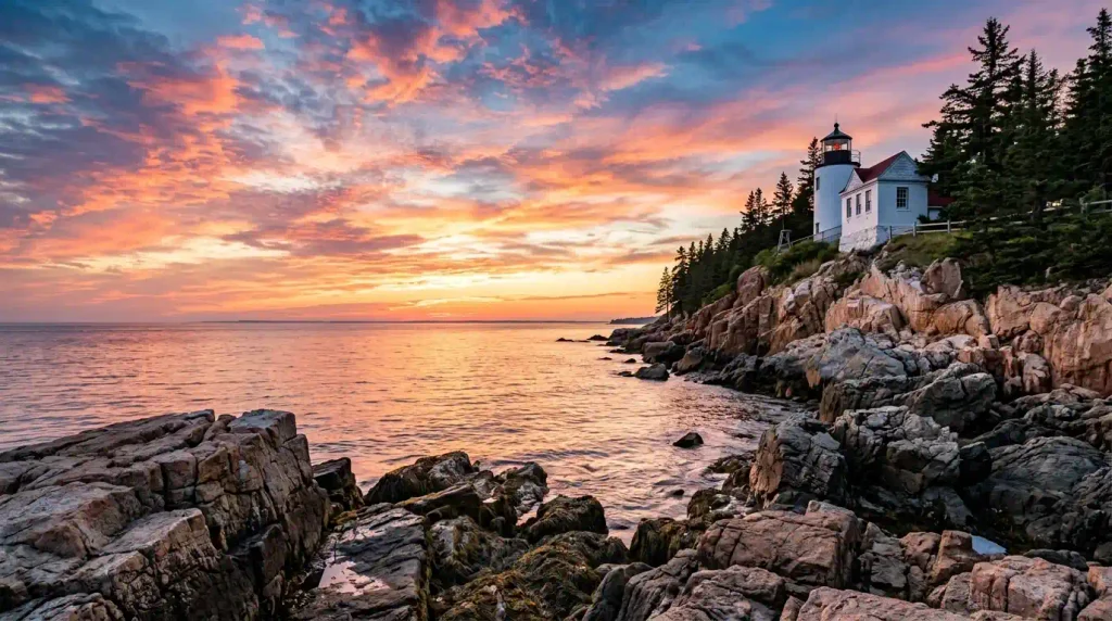 Bass Harbor Head Light at sunset in Acadia National Park Maine, one of the top New England attractions