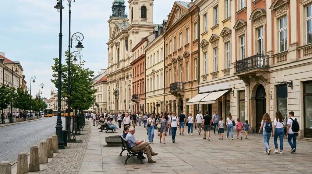 Krakowskie Przedmiescie street leading toward Warsaw Old Town.