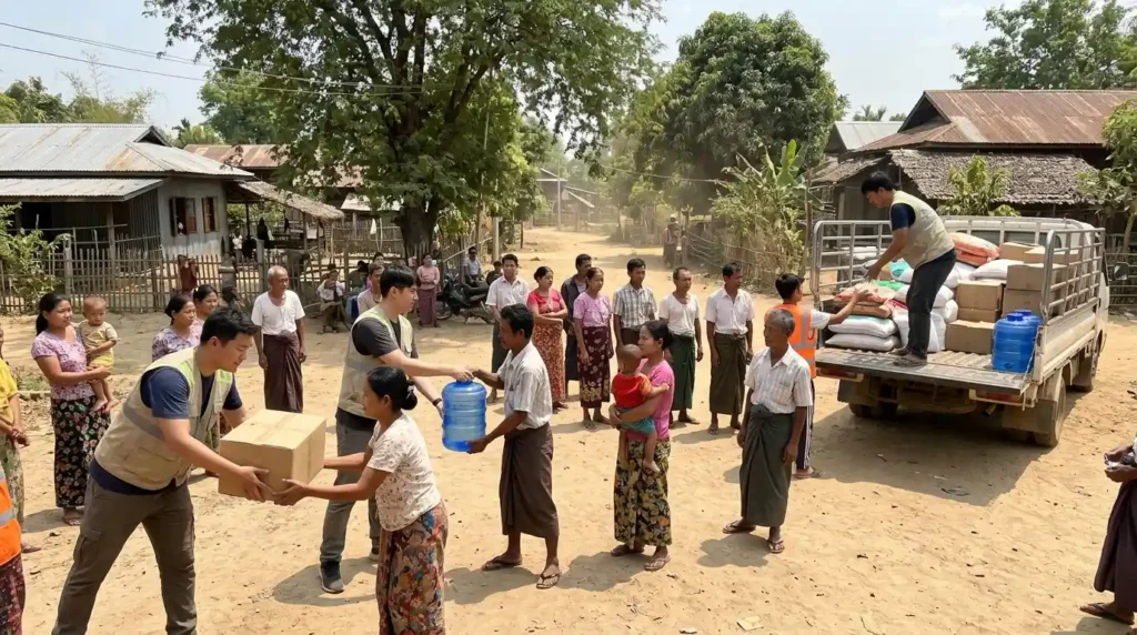 Volunteers from Food for the Hungry handing out supplies in a village