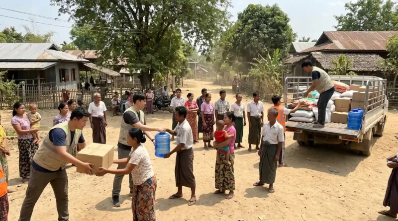 Volunteers from Food for the Hungry handing out supplies in a village