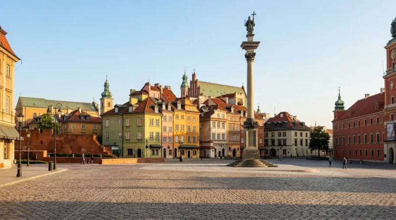 Warsaw Old Town Market Square with pastel townhouses.