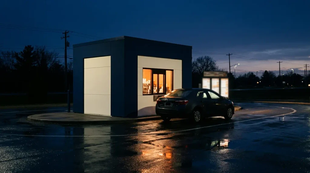 Drive-thru coffee stand with a glowing order window and one car waiting before sunrise