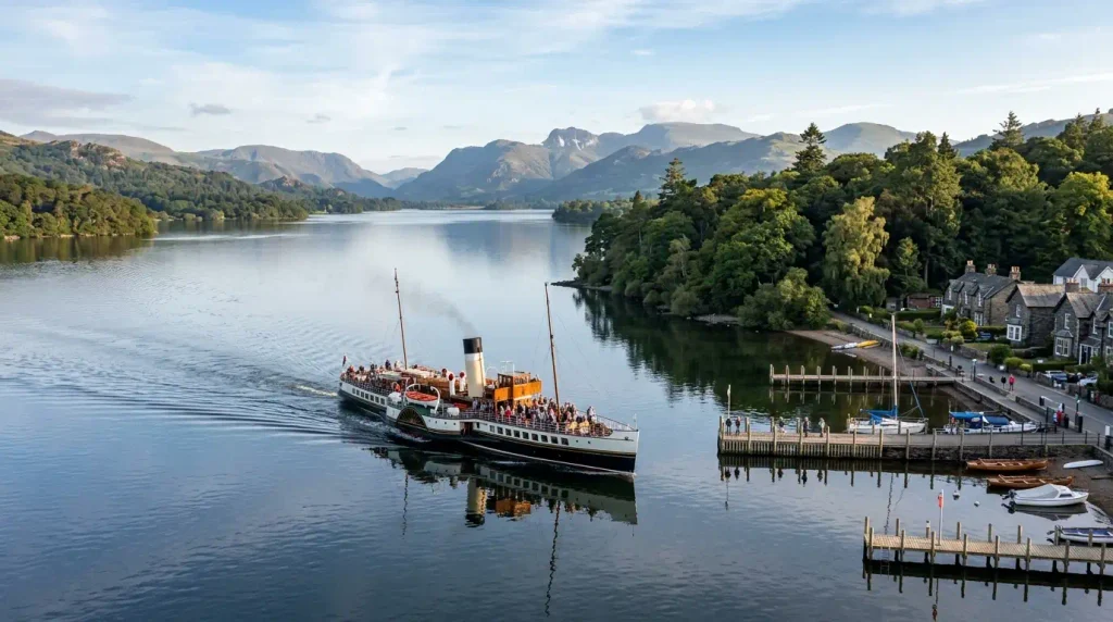 Windermere Lake Cruises steamer sailing from Bowness Pier on a clear morning